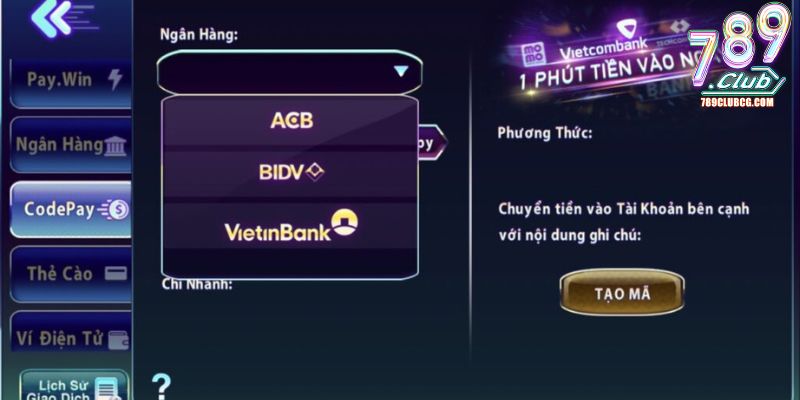 Hướng dẫn nạp tiền 789Club qua mã Code Pay